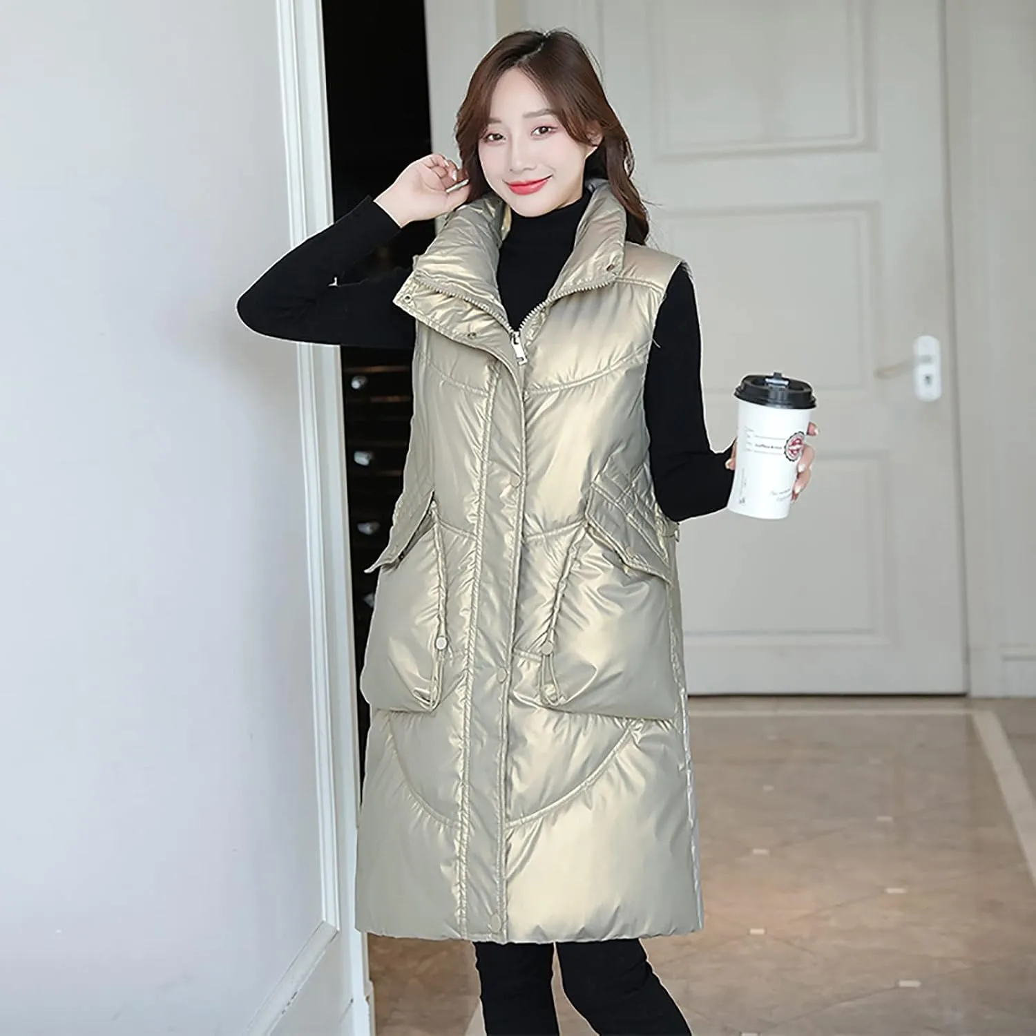 tuduoms Women Vest Hooded Lightweight Zip Quilted Puffer Vest Teen Girls Warm Winter Cotton Padded Long Vest Gilet Waistcoat