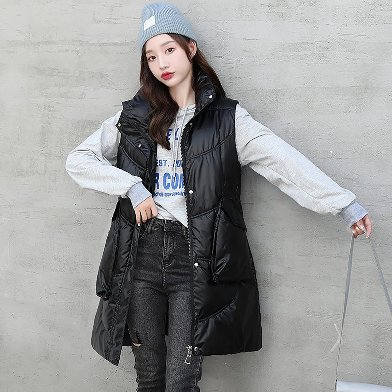 tuduoms Women Vest Warm Winter Cotton Padded Long Vest Gilet Teen Girls Hooded Lightweight Zip Quilted Puffer Vest Waistcoat