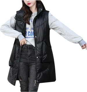 tuduoms Women Vest Warm Winter Cotton Padded Long Vest Gilet Teen Girls Hooded Lightweight Zip Quilted Puffer Vest Waistcoat
