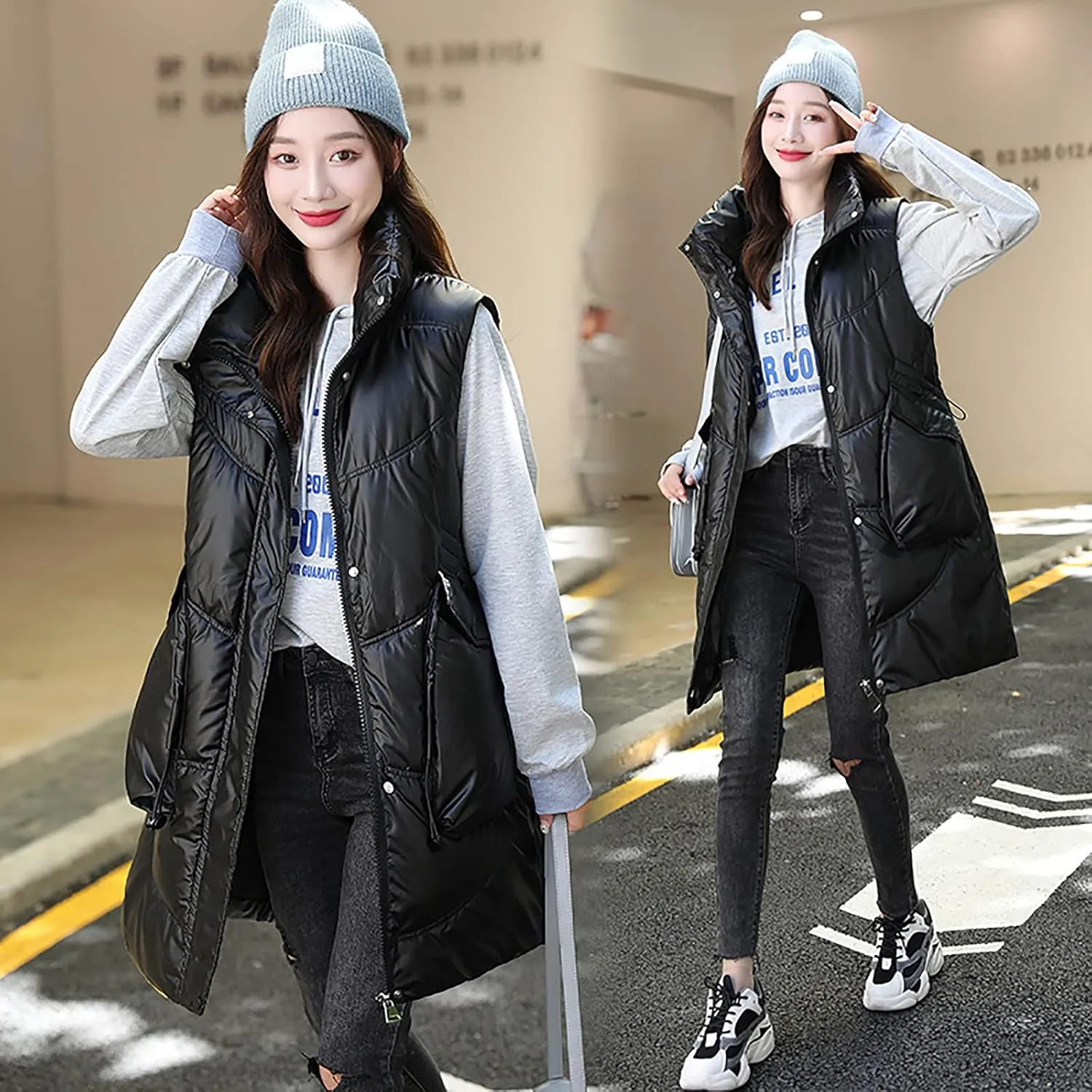 tuduoms Women Vest Warm Winter Cotton Padded Long Vest Gilet Teen Girls Hooded Lightweight Zip Quilted Puffer Vest Waistcoat
