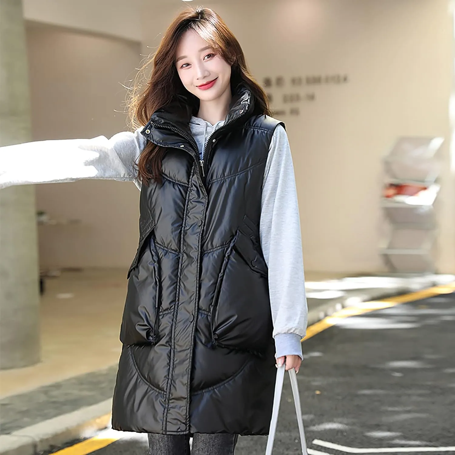 tuduoms Women Vest Warm Winter Cotton Padded Long Vest Gilet Teen Girls Hooded Lightweight Zip Quilted Puffer Vest Waistcoat