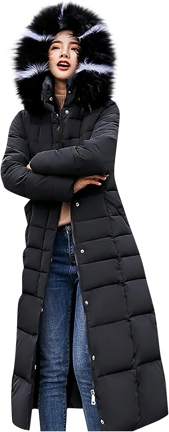 tuduoms Women's Winter over Knee Coats Maxi Hooded Slim Puffer Down Coat Cotton Padded Quilted Zip Long Snow Jacket Outwear