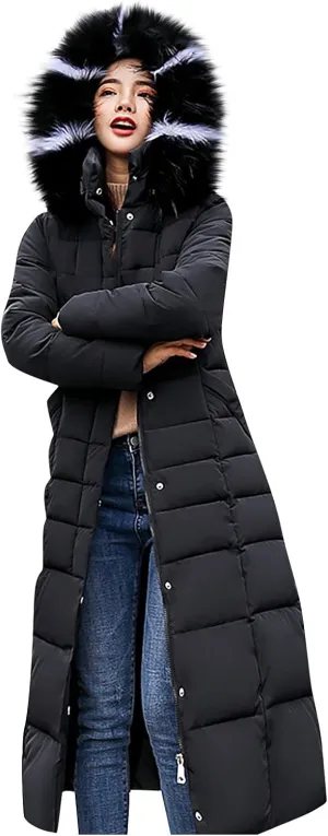 tuduoms Women's Winter over Knee Coats Maxi Hooded Slim Puffer Down Coat Cotton Padded Quilted Zip Long Snow Jacket Outwear