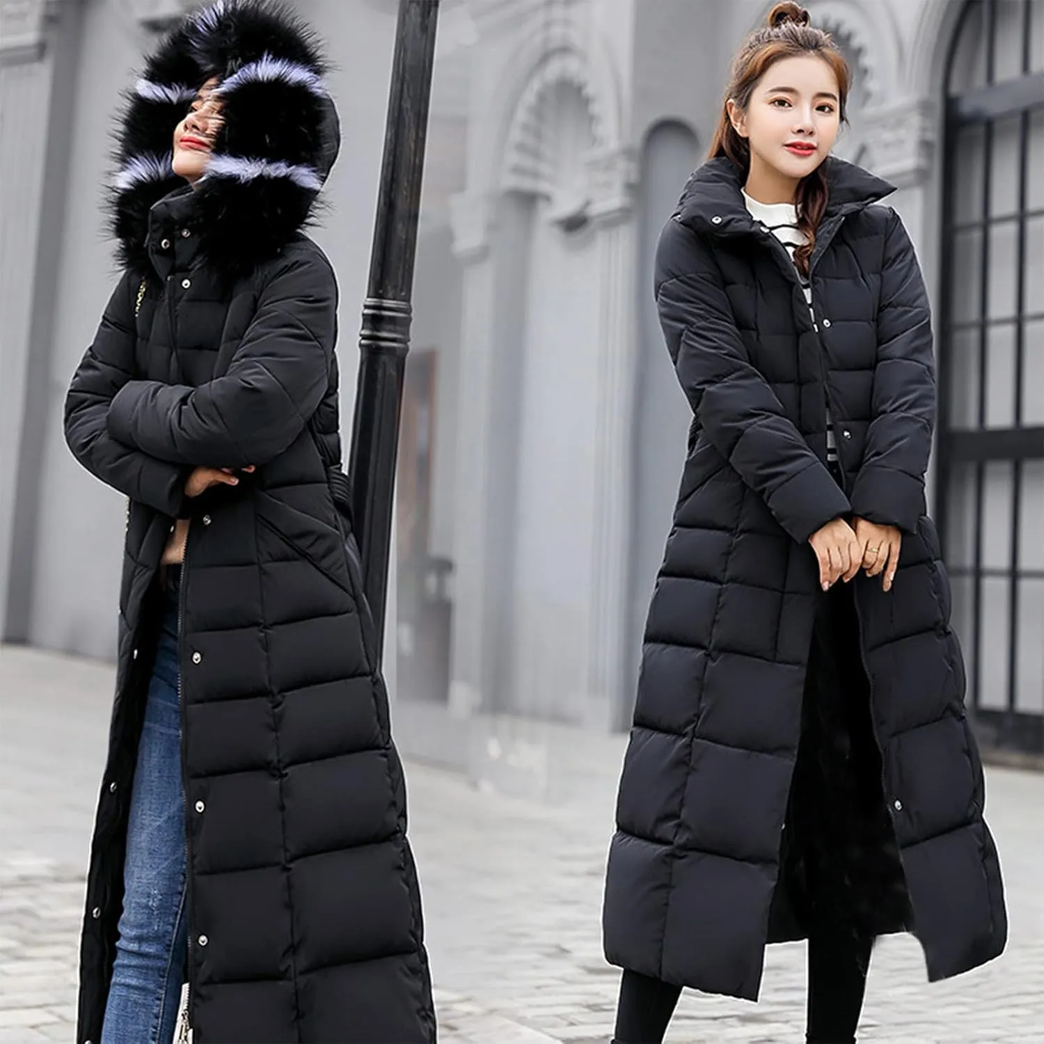 tuduoms Women's Winter over Knee Coats Maxi Hooded Slim Puffer Down Coat Cotton Padded Quilted Zip Long Snow Jacket Outwear