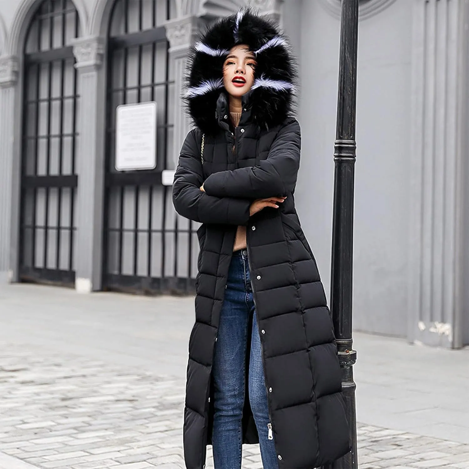 tuduoms Women's Winter over Knee Coats Maxi Hooded Slim Puffer Down Coat Cotton Padded Quilted Zip Long Snow Jacket Outwear