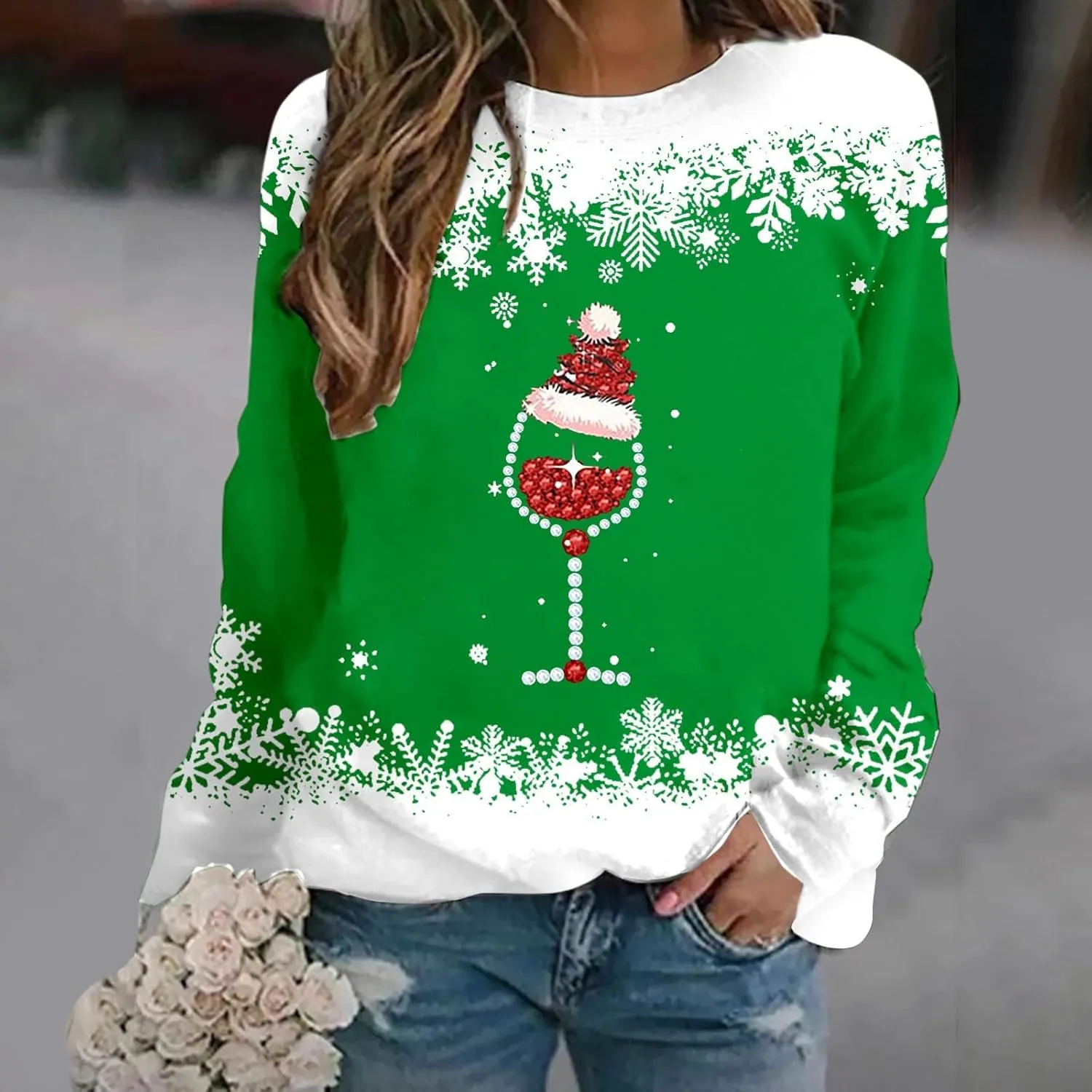 Ugly Christmas Sweater Women Fall Winter Fashion Red Wine Glass Print Sweatshirts Long Sleeve Crewneck Pullover Tops