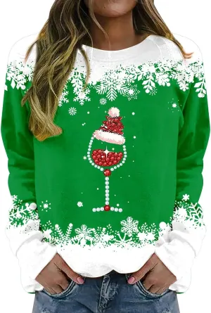 Ugly Christmas Sweater Women Fall Winter Fashion Red Wine Glass Print Sweatshirts Long Sleeve Crewneck Pullover Tops