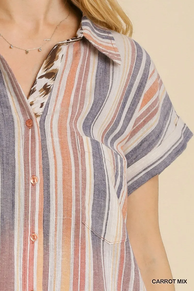 Umgee Bleached Stripe Collared Button Down Dress In Carrot Mix