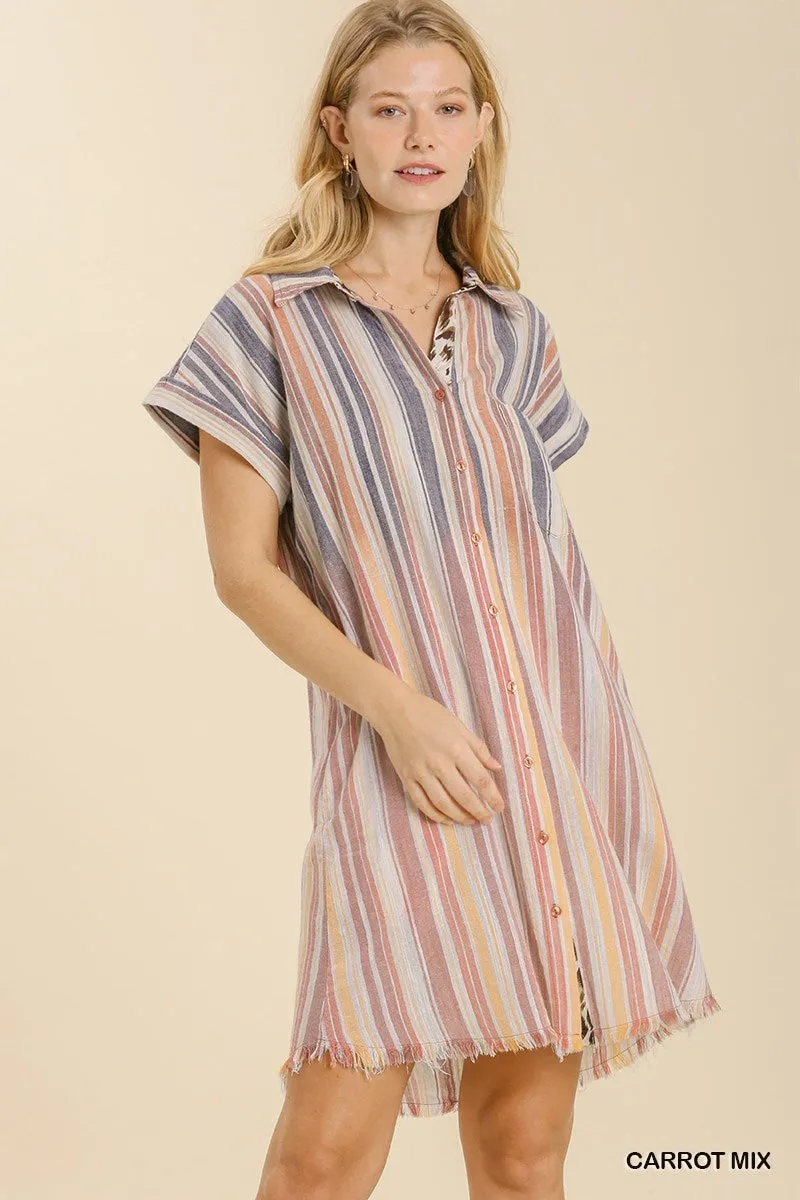 Umgee Bleached Stripe Collared Button Down Dress In Carrot Mix