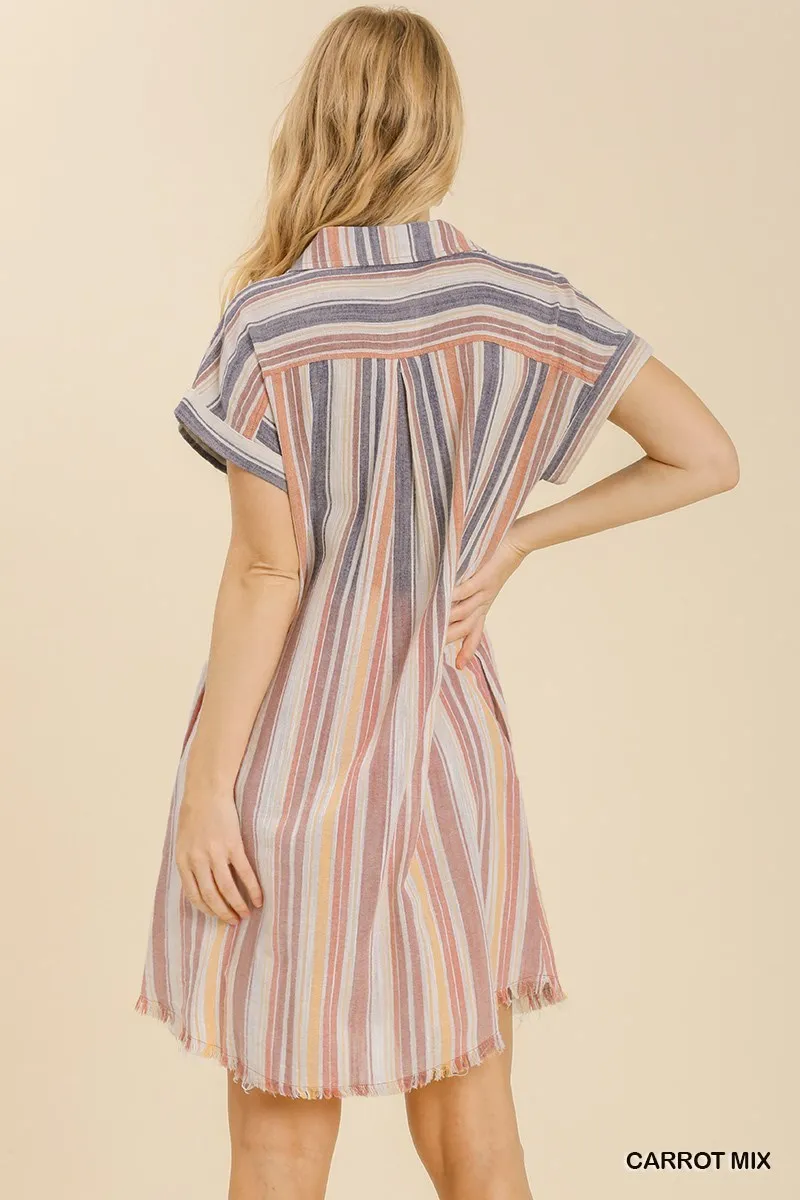 Umgee Bleached Stripe Collared Button Down Dress In Carrot Mix