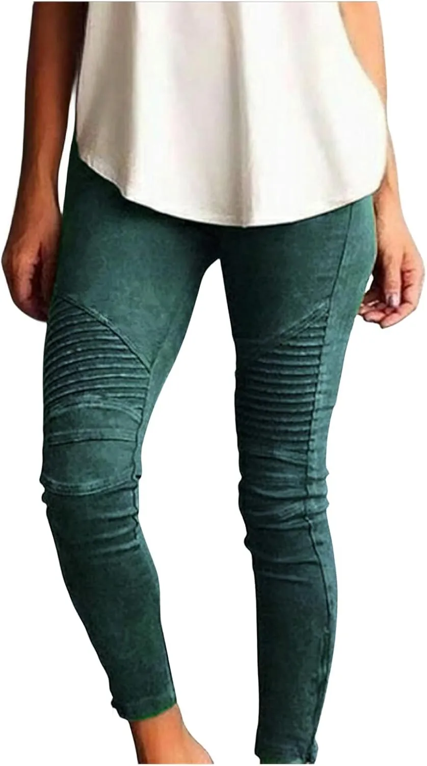 uSecee Moto Leggings for Women High Waist Yoga Leggings Workout Pull On Ankle Stretch Pants Athletic Running Pants Trousers