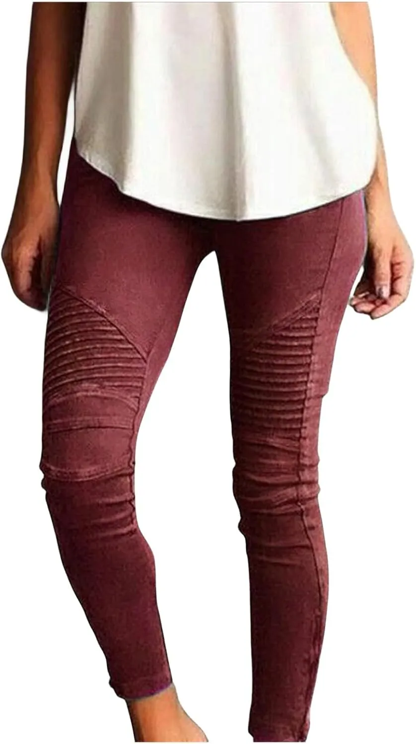 uSecee Moto Leggings for Women High Waist Yoga Leggings Workout Pull On Ankle Stretch Pants Athletic Running Pants Trousers