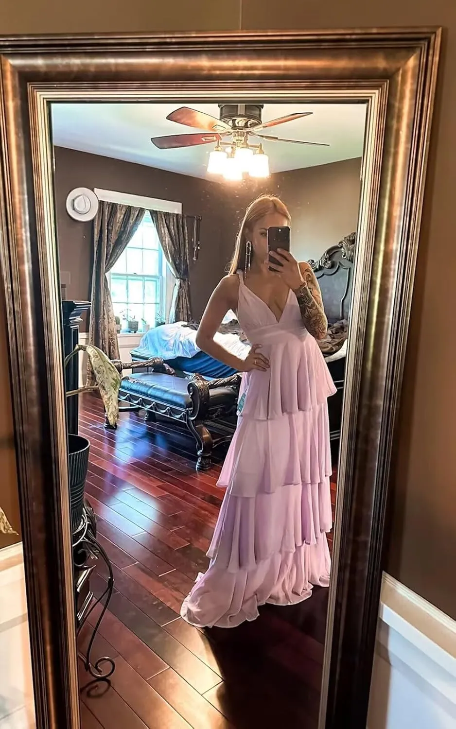 V Neck Tiered Bridesmaid Dresses for Women Long Chiffon Ruffle Layered Prom Dresses A Line Formal Evening Gowns