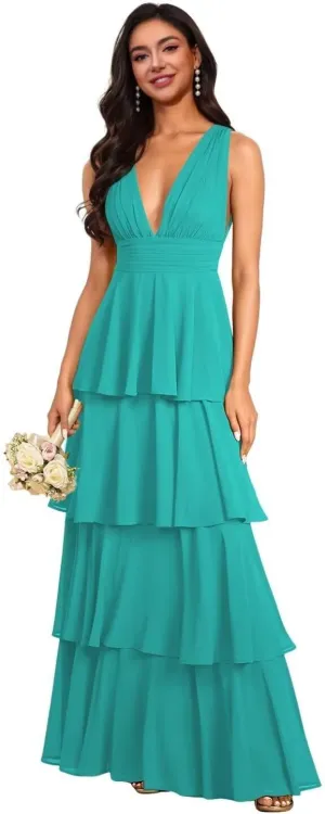 V Neck Tiered Bridesmaid Dresses for Women Long Chiffon Ruffle Layered Prom Dresses A Line Formal Evening Gowns