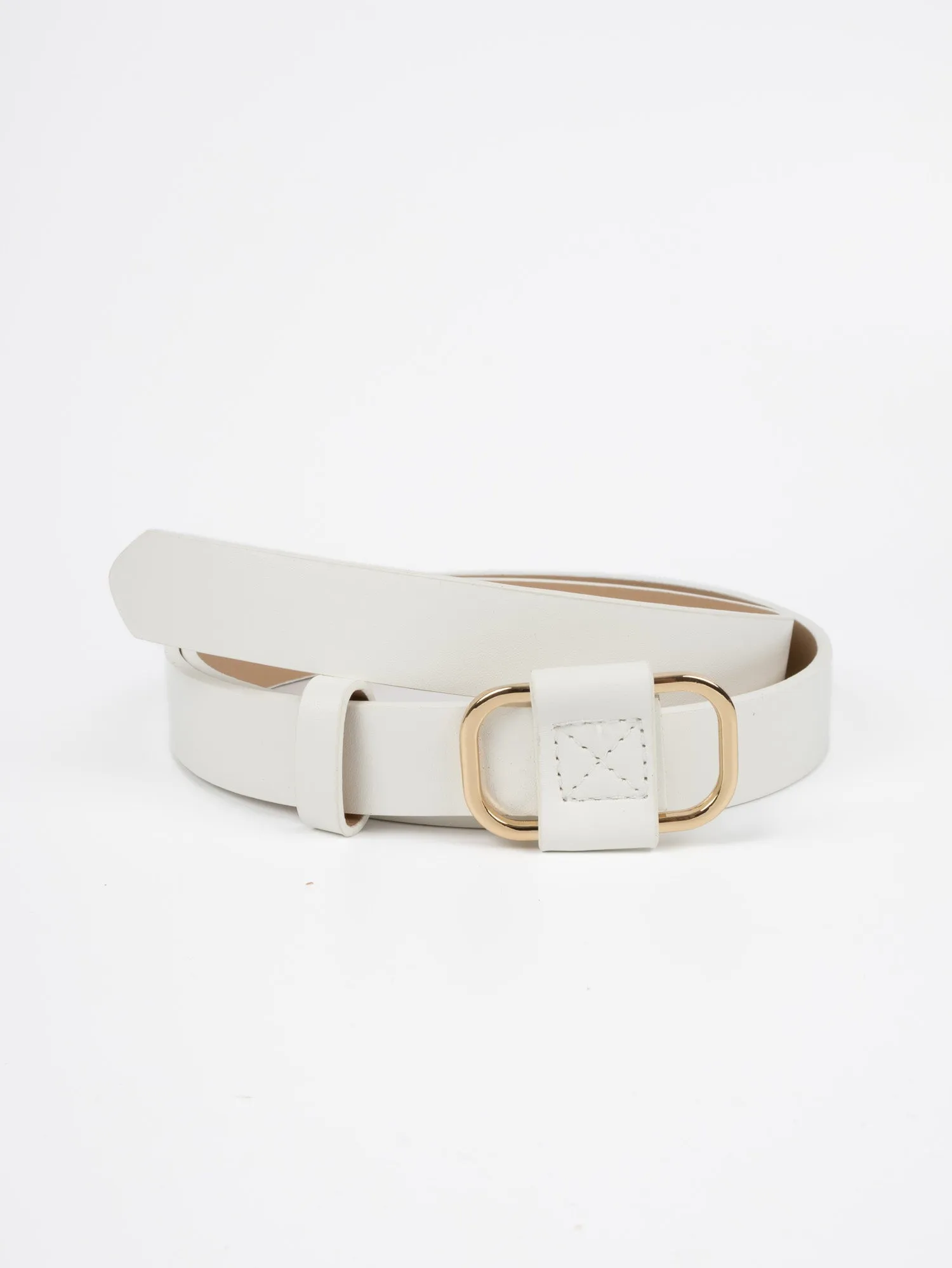 Vegan PU Leather Belt - Le Port - Thin Buckle - Gold / White - 103cm
