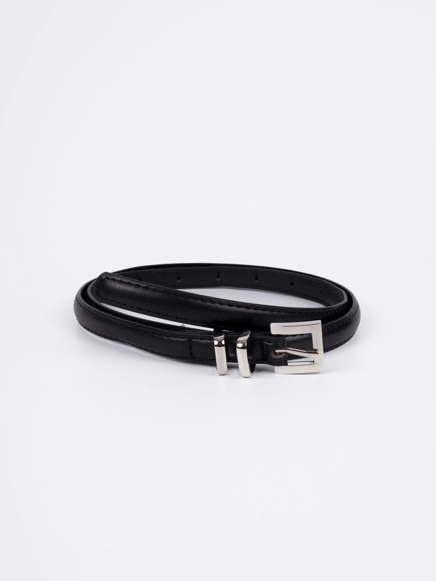 Vegan PU Leather Belt - Toulon - Classic Thin Square Buckle - Silver / Black - 104cm