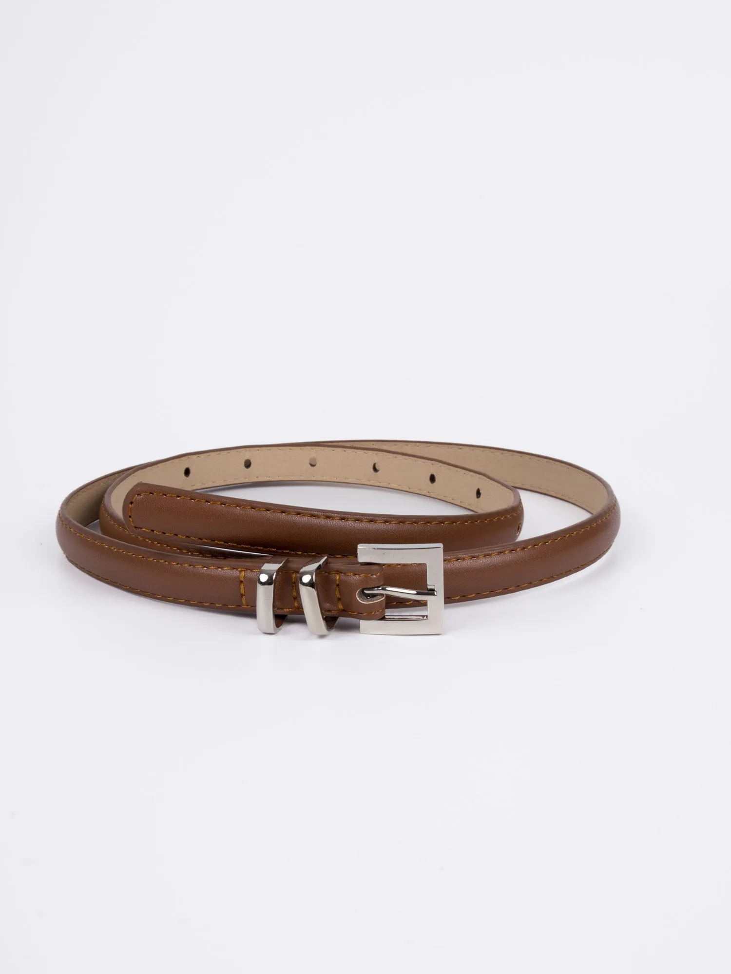 Vegan PU Leather Belt - Toulon - Classic Thin Square Buckle - Silver / Brown -104cm