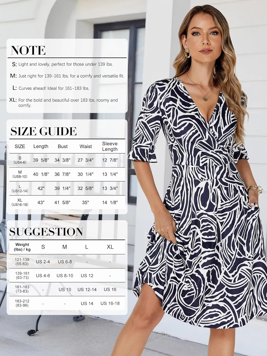 VETIOR Midi Wrap V Neck A line 1/2 Short Flare Sleeve Dress with Pocket for Women Pear & Apple Shape Friendly