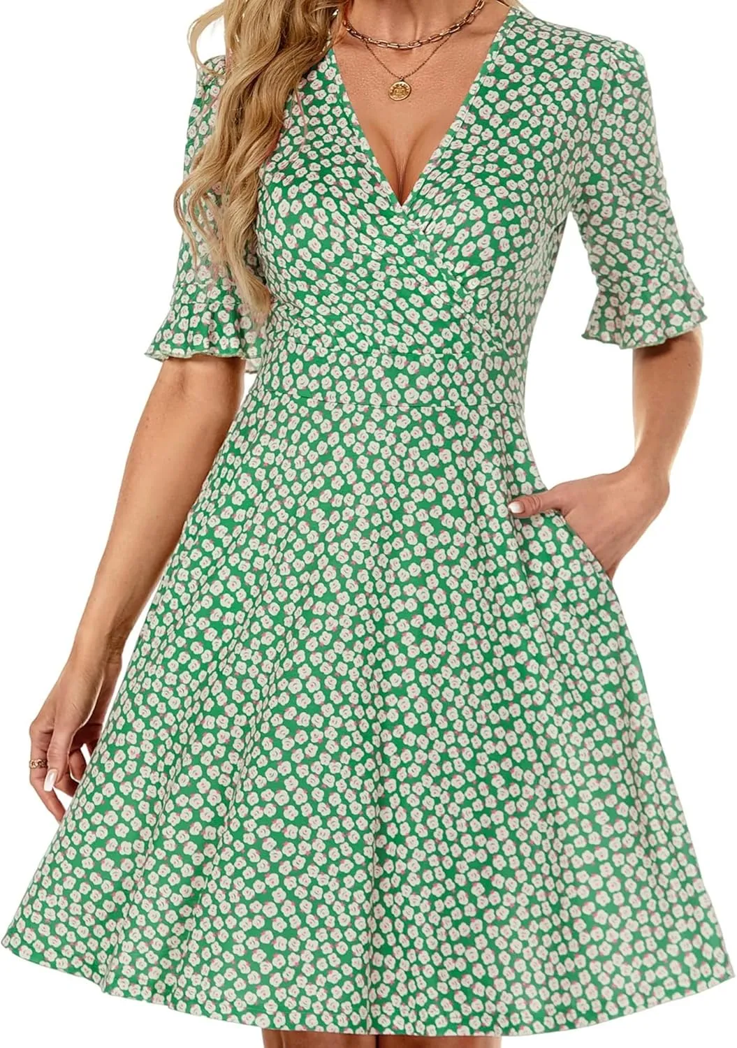 VETIOR Midi Wrap V Neck A line 1/2 Short Flare Sleeve Dress with Pocket for Women Pear & Apple Shape Friendly
