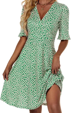 VETIOR Midi Wrap V Neck A line 1/2 Short Flare Sleeve Dress with Pocket for Women Pear & Apple Shape Friendly