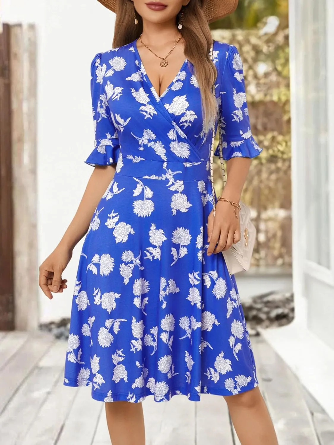 VETIOR Midi Wrap V Neck A line 1/2 Short Flare Sleeve Dress with Pocket for Women Pear & Apple Shape Friendly
