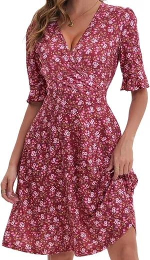 VETIOR Midi Wrap V Neck A line 1/2 Short Flare Sleeve Dress with Pocket for Women Pear & Apple Shape Friendly