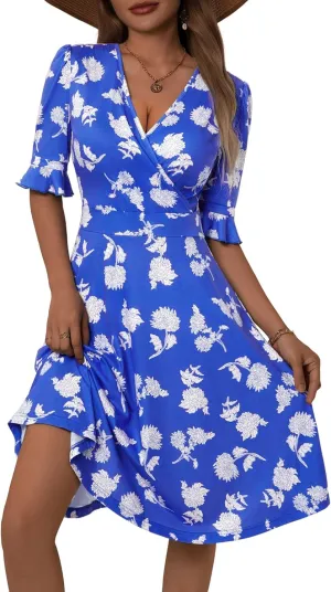VETIOR Midi Wrap V Neck A line 1/2 Short Flare Sleeve Dress with Pocket for Women Pear & Apple Shape Friendly