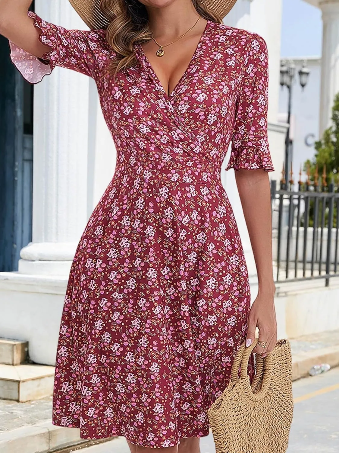 VETIOR Midi Wrap V Neck A line 1/2 Short Flare Sleeve Dress with Pocket for Women Pear & Apple Shape Friendly