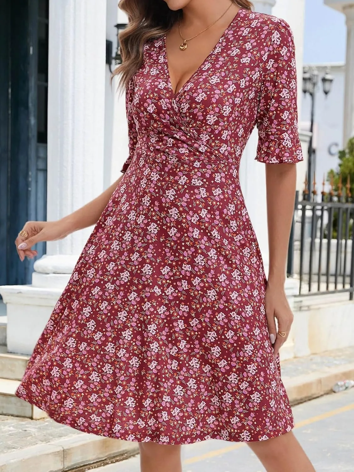 VETIOR Midi Wrap V Neck A line 1/2 Short Flare Sleeve Dress with Pocket for Women Pear & Apple Shape Friendly