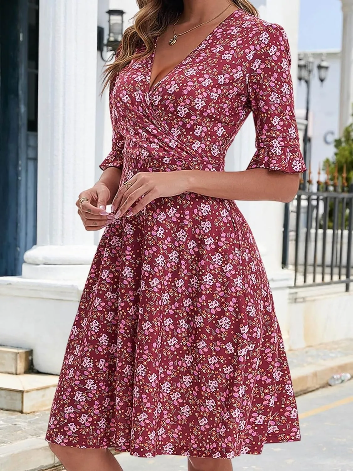 VETIOR Midi Wrap V Neck A line 1/2 Short Flare Sleeve Dress with Pocket for Women Pear & Apple Shape Friendly