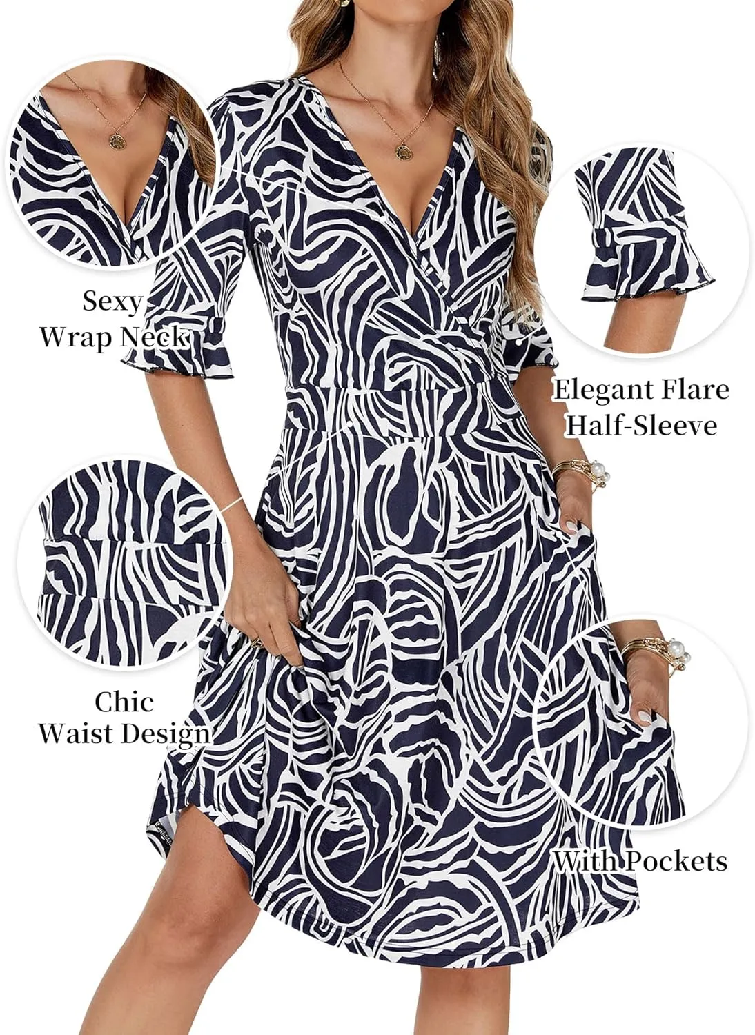 VETIOR Midi Wrap V Neck A line 1/2 Short Flare Sleeve Dress with Pocket for Women Pear & Apple Shape Friendly