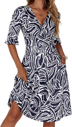 VETIOR Midi Wrap V Neck A line 1/2 Short Flare Sleeve Dress with Pocket for Women Pear & Apple Shape Friendly