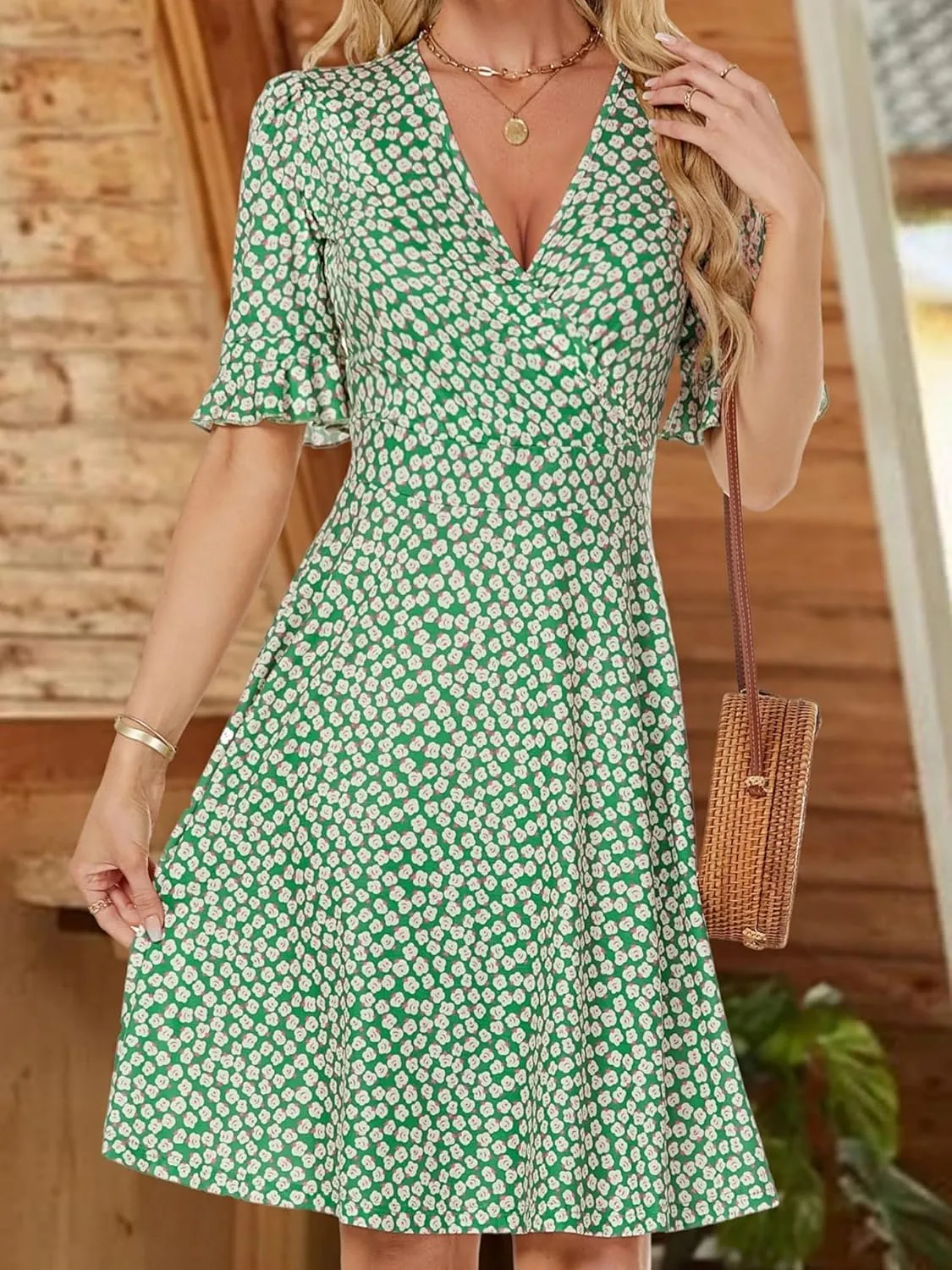 VETIOR Midi Wrap V Neck A line 1/2 Short Flare Sleeve Dress with Pocket for Women Pear & Apple Shape Friendly