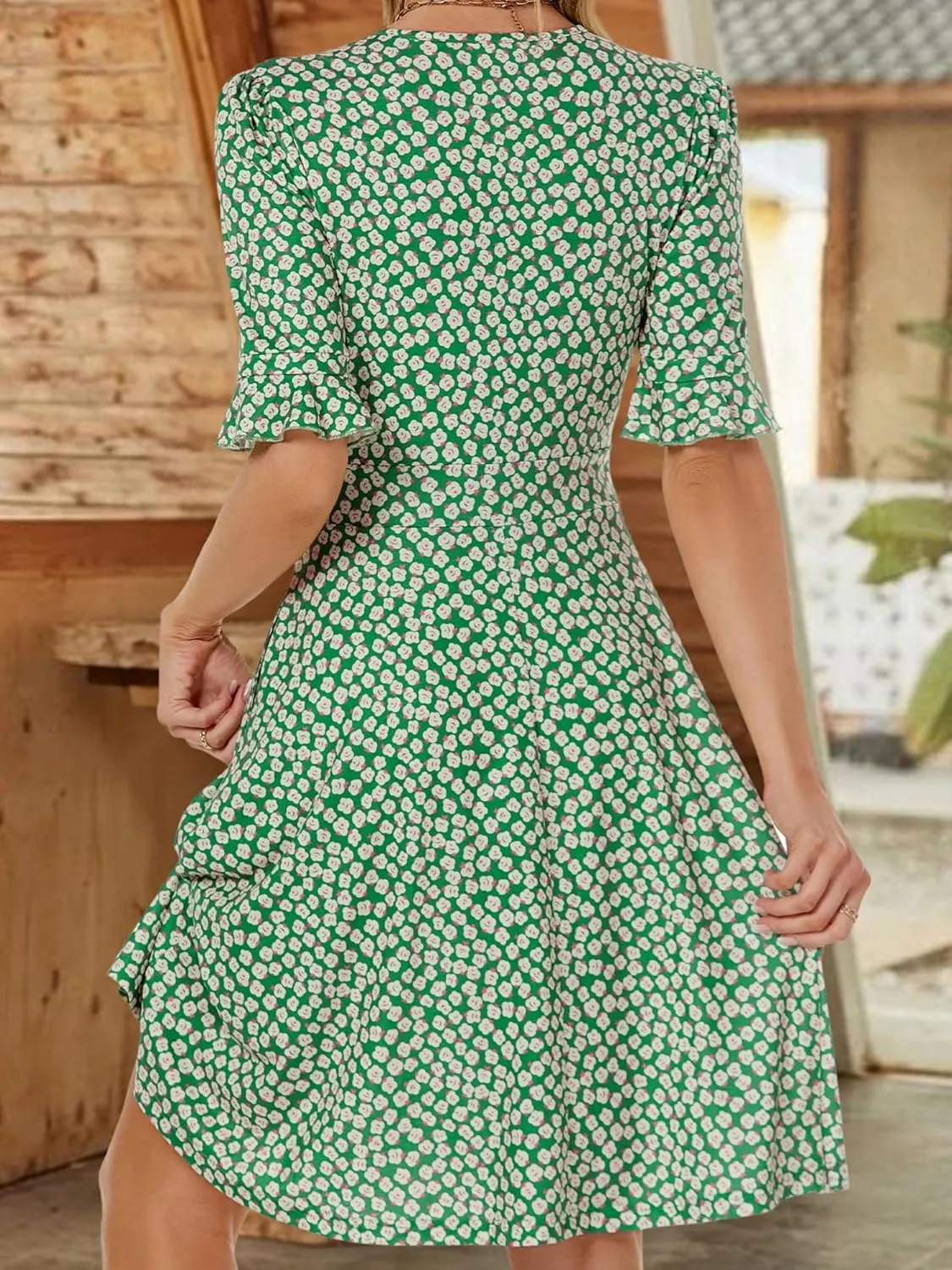 VETIOR Midi Wrap V Neck A line 1/2 Short Flare Sleeve Dress with Pocket for Women Pear & Apple Shape Friendly