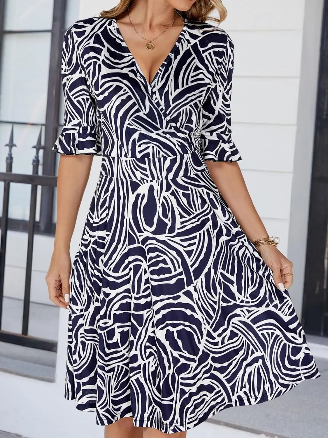 VETIOR Midi Wrap V Neck A line 1/2 Short Flare Sleeve Dress with Pocket for Women Pear & Apple Shape Friendly