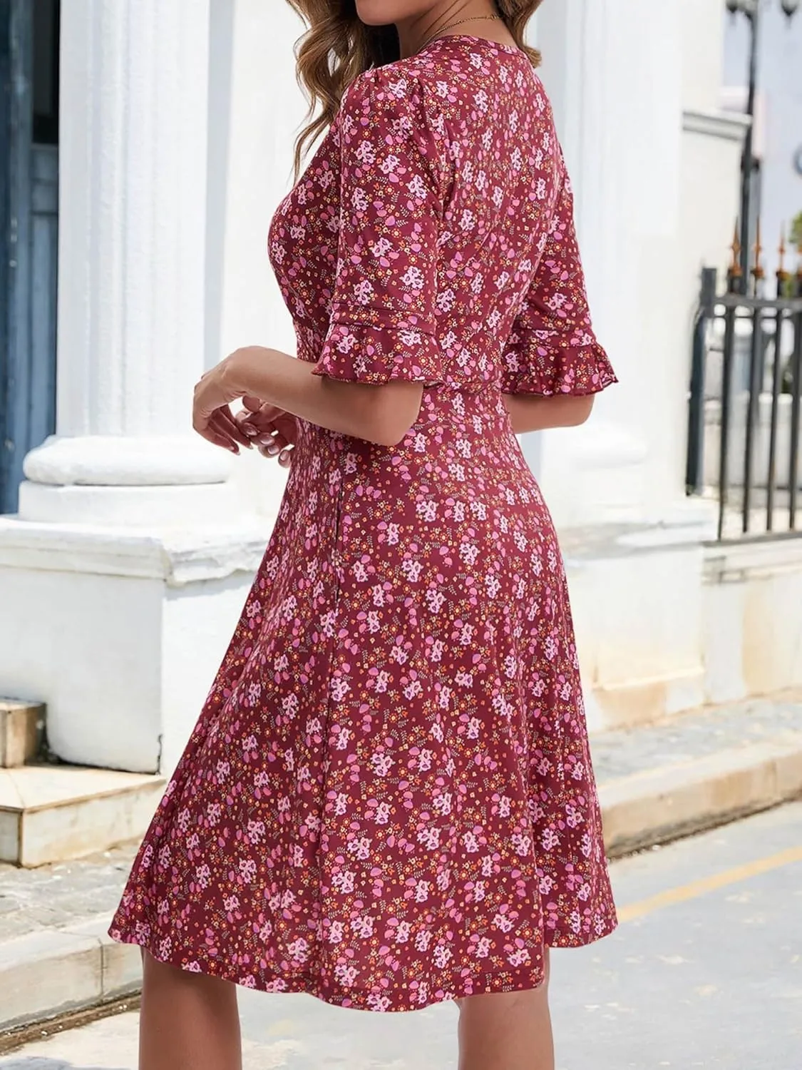 VETIOR Midi Wrap V Neck A line 1/2 Short Flare Sleeve Dress with Pocket for Women Pear & Apple Shape Friendly