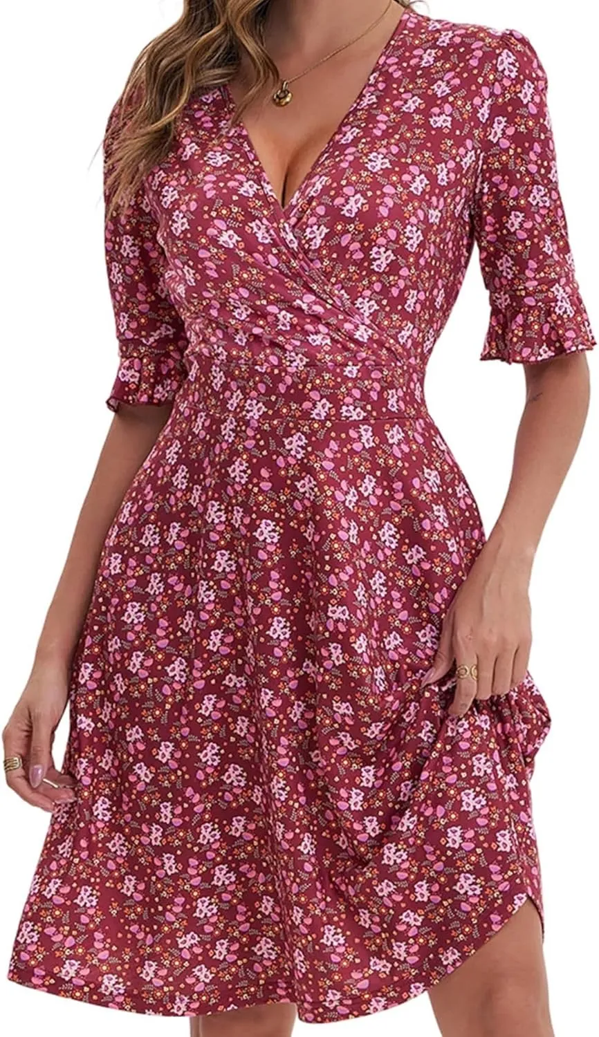VETIOR Midi Wrap V Neck A line 1/2 Short Flare Sleeve Dress with Pocket for Women Pear & Apple Shape Friendly