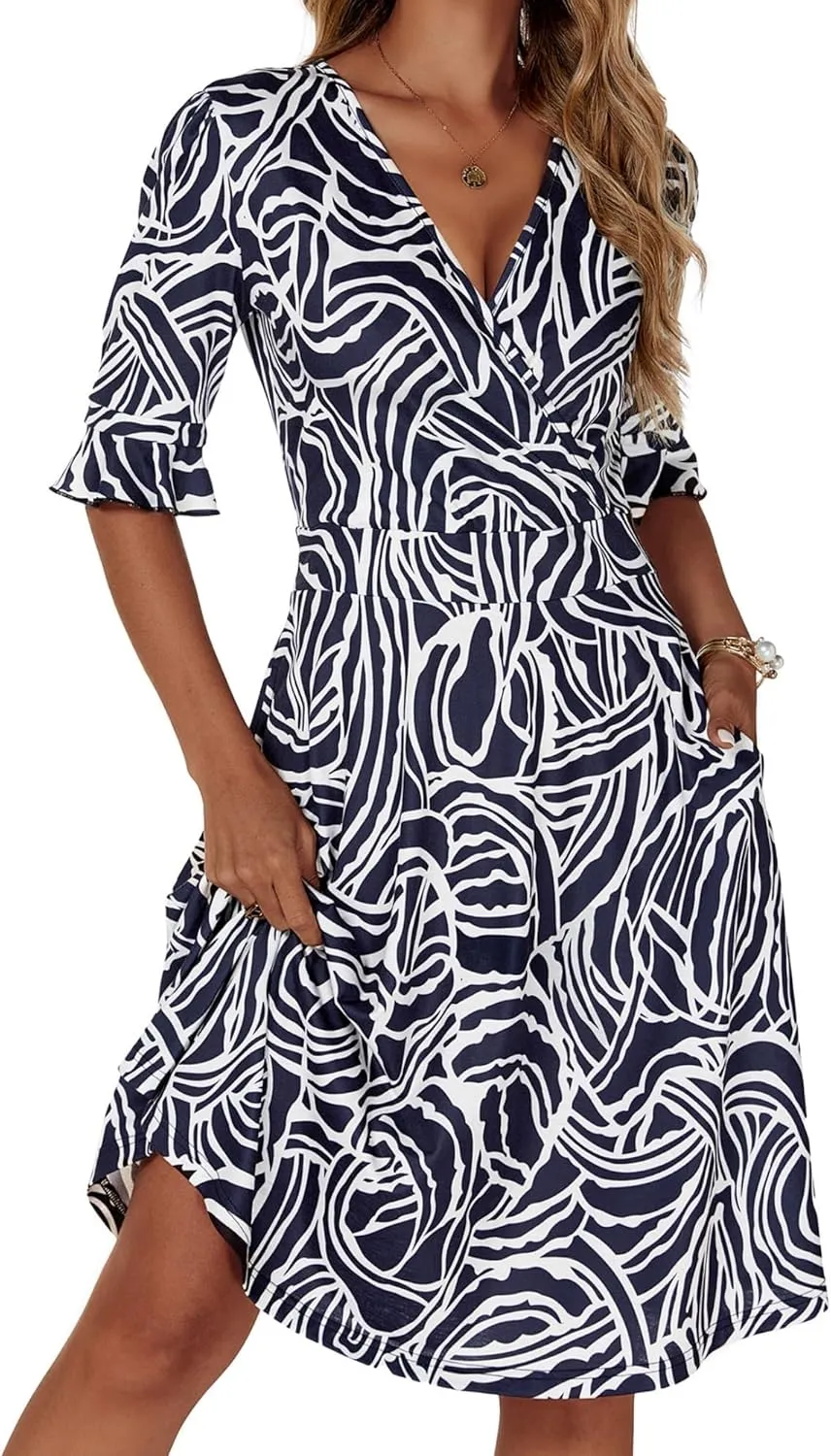 VETIOR Midi Wrap V Neck A line 1/2 Short Flare Sleeve Dress with Pocket for Women Pear & Apple Shape Friendly