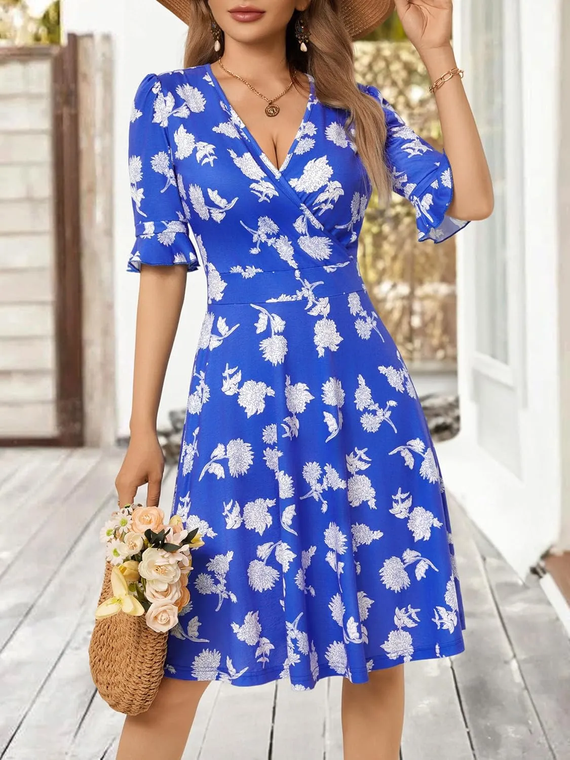 VETIOR Midi Wrap V Neck A line 1/2 Short Flare Sleeve Dress with Pocket for Women Pear & Apple Shape Friendly