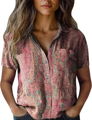 Vintage Boho Tops for Women Floral Print Button Down Shirt Casual Short Sleeve Lightweight Fashion Linen Blouses