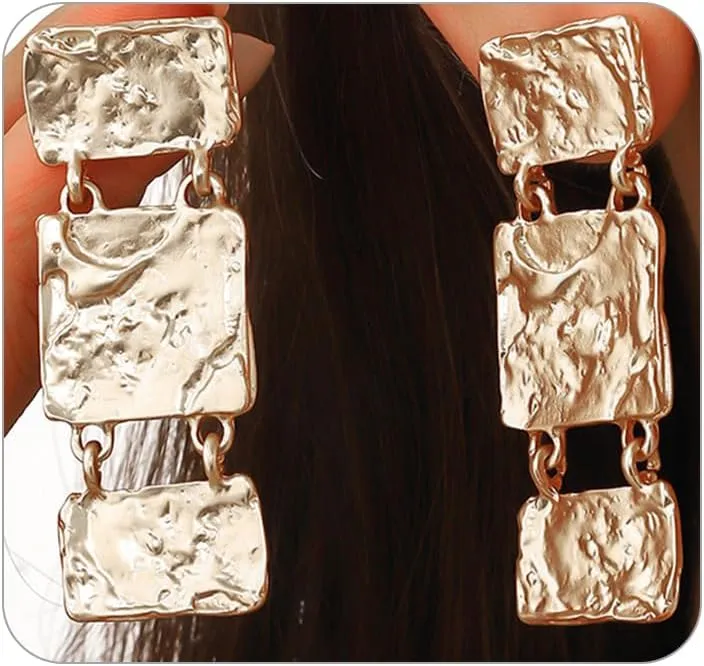 Vintage Gold Square Statement Earrings for Woman,Irregular Hammered Rectangular Stacking Dangle Earrings,Trendy Simple Ear Jewelry Accessories