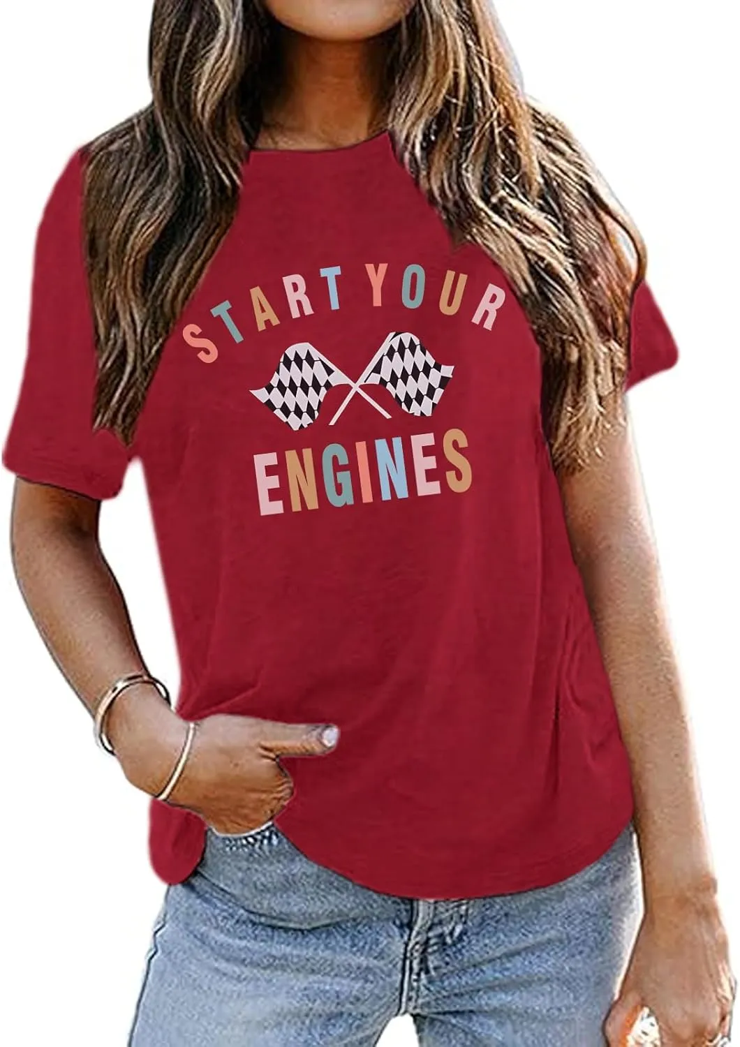 Vintage Racing Shirt Checkered Flag Graphic Tees Womens Start Your Engines Tshirt Race Day Shirts Short Sleeve Tops