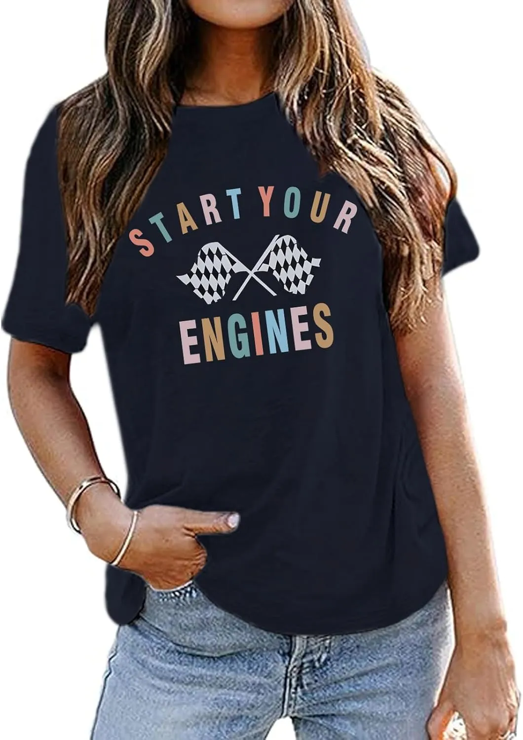 Vintage Racing Shirt Checkered Flag Graphic Tees Womens Start Your Engines Tshirt Race Day Shirts Short Sleeve Tops