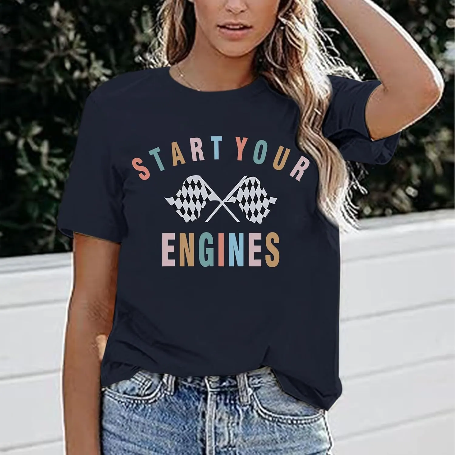 Vintage Racing Shirt Checkered Flag Graphic Tees Womens Start Your Engines Tshirt Race Day Shirts Short Sleeve Tops