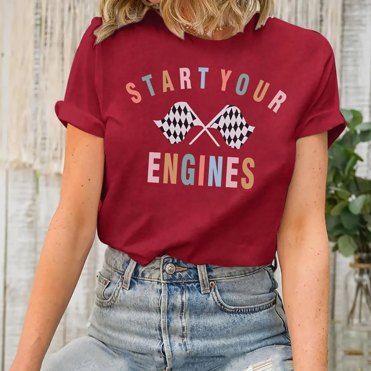 Vintage Racing Shirt Checkered Flag Graphic Tees Womens Start Your Engines Tshirt Race Day Shirts Short Sleeve Tops