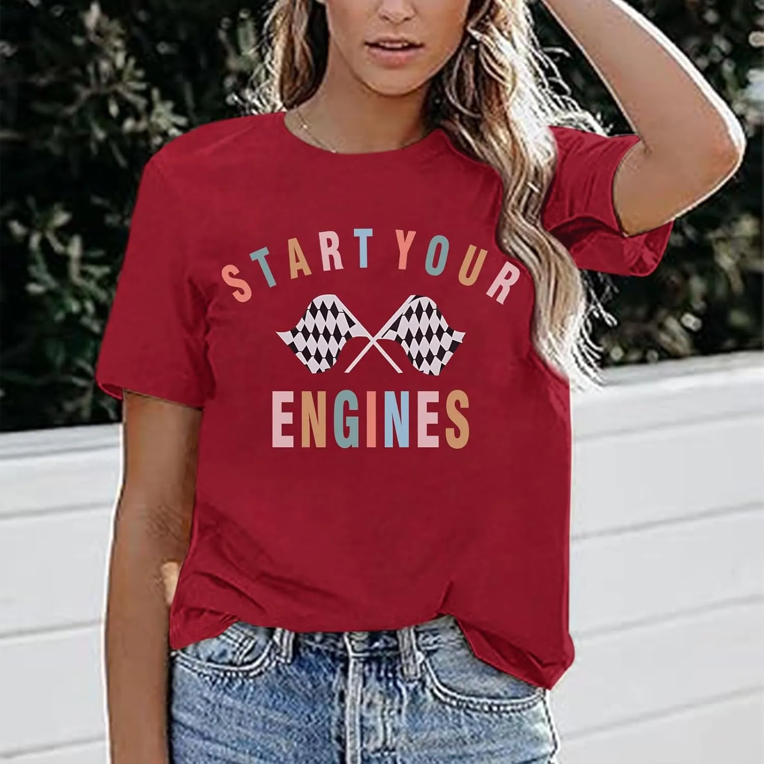 Vintage Racing Shirt Checkered Flag Graphic Tees Womens Start Your Engines Tshirt Race Day Shirts Short Sleeve Tops