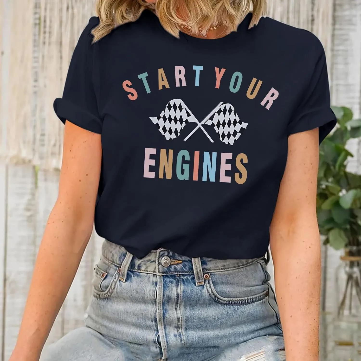 Vintage Racing Shirt Checkered Flag Graphic Tees Womens Start Your Engines Tshirt Race Day Shirts Short Sleeve Tops