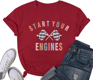 Vintage Racing Shirt Checkered Flag Graphic Tees Womens Start Your Engines Tshirt Race Day Shirts Short Sleeve Tops