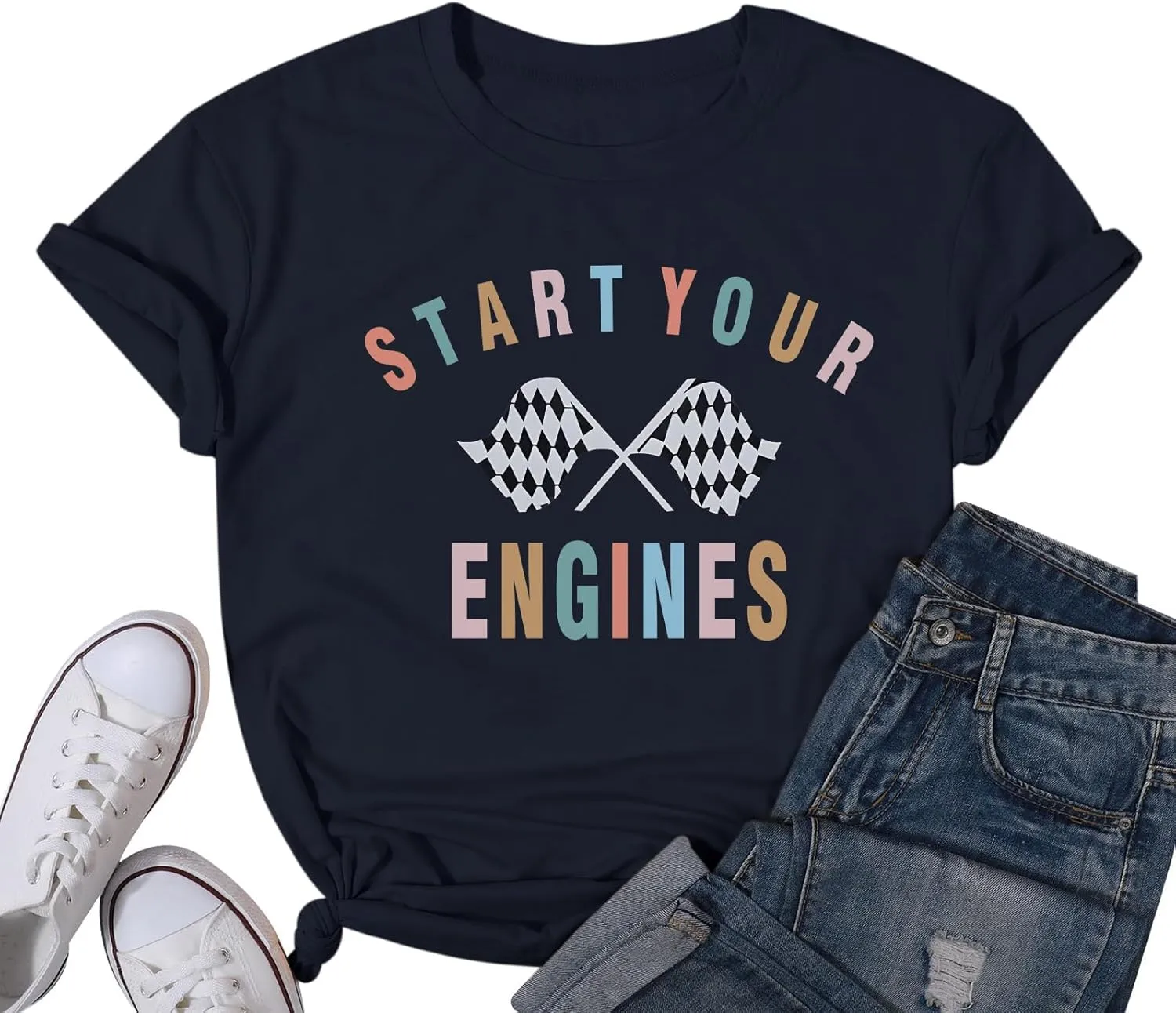 Vintage Racing Shirt Checkered Flag Graphic Tees Womens Start Your Engines Tshirt Race Day Shirts Short Sleeve Tops