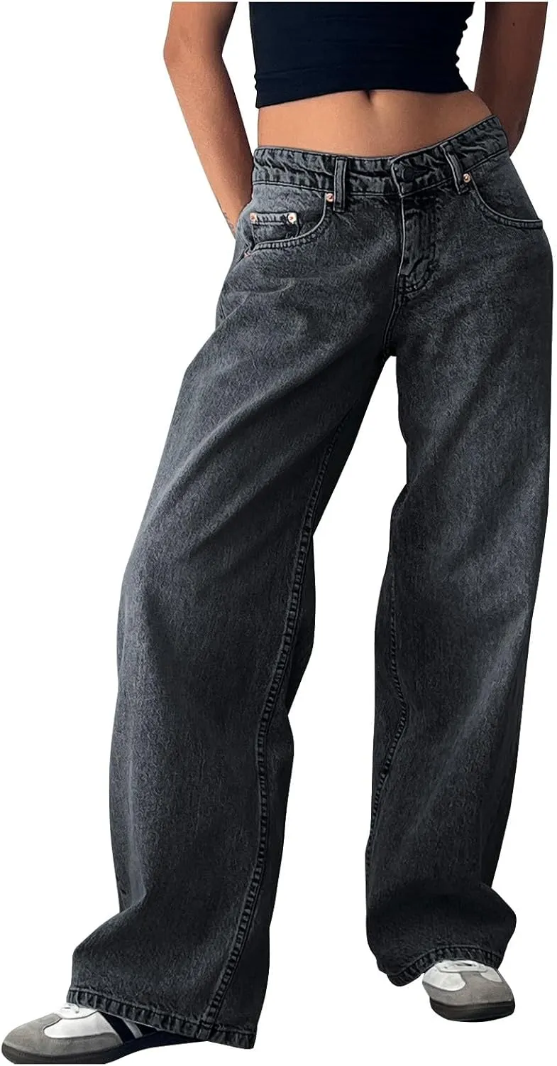 Wide Leg Denim Pants for Woman Y2K Vintage Low Waist Baggy Jeans Stretch Boyfriend Streetwear Trousers with Pockets